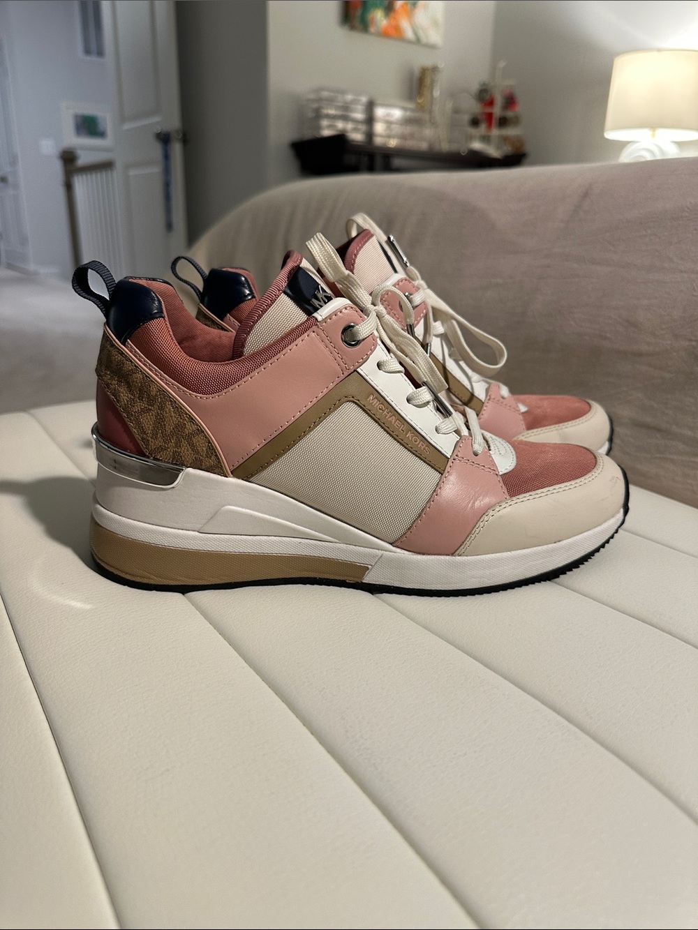 Michael Kors Pink, Cream & Tan Wedge Sneakers